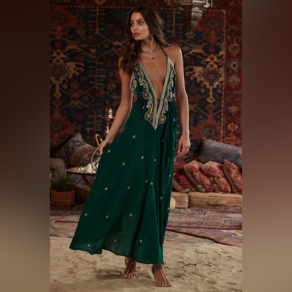 12th Tribe Jasmine Emerald Embellished Maxi Dress